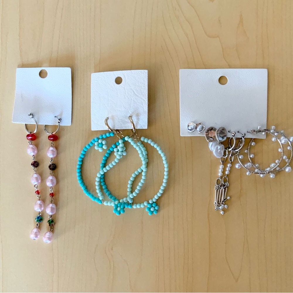 Free People Lot of 3 Beaded Dangle Stud Beaded Floral Hoop Earrings New